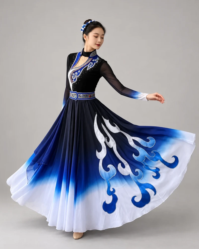 Blue Ombre Scroll-Motif Dance Dress — reviewed display photograph