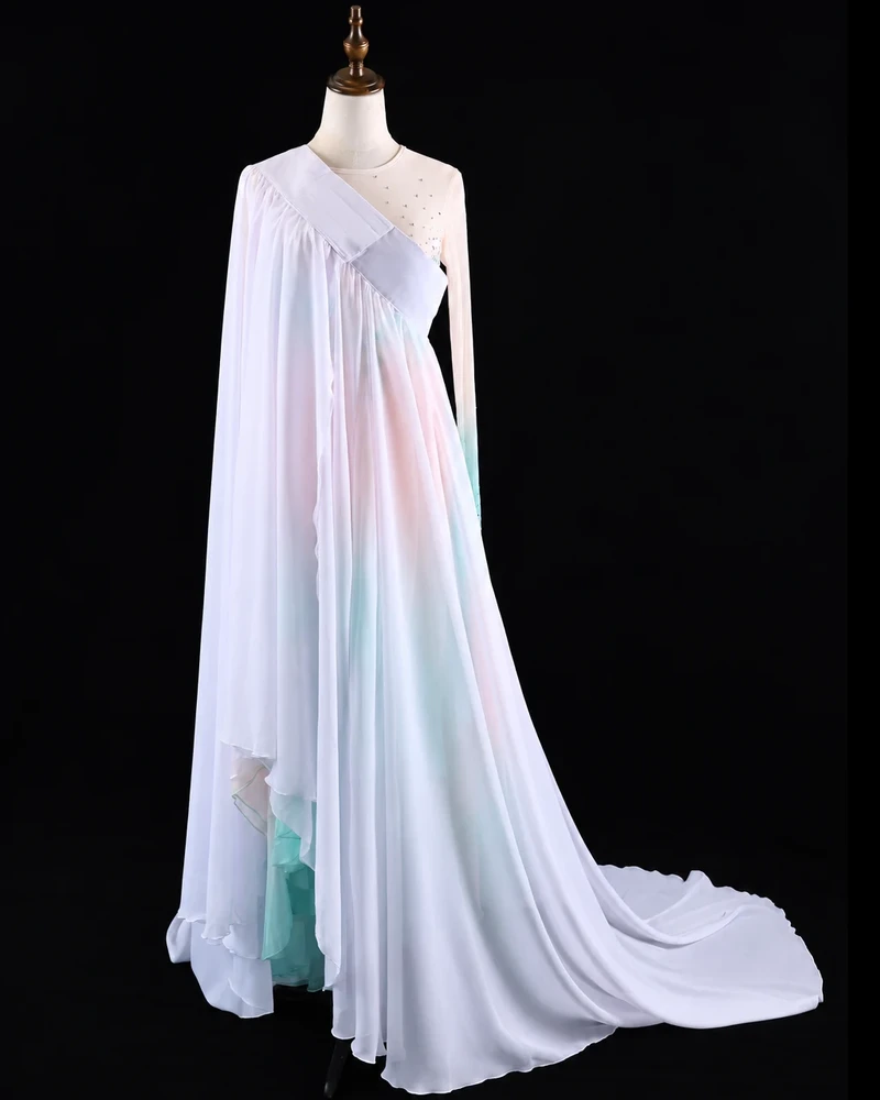 Blush and Aqua Draped Dance Gown — reviewed display photograph