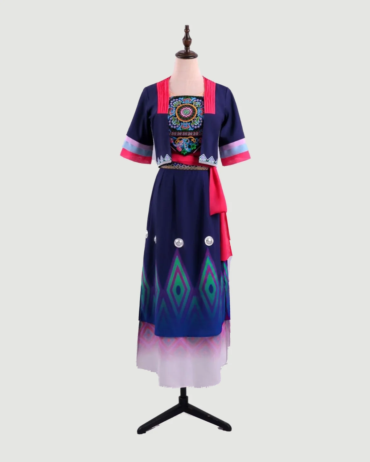 Navy and Fuchsia Geometric Dance Ensemble — studio cover on a dress form