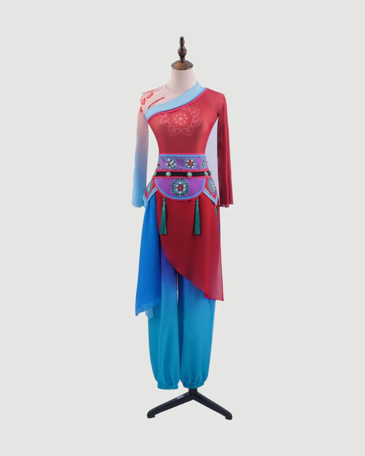 Red and Turquoise Asymmetric Dance Set — studio cover on a dress form