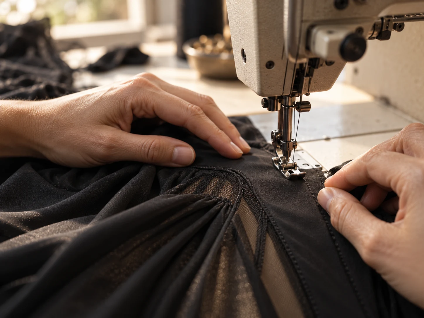 AI-generated reference of hands sewing dark costume fabric